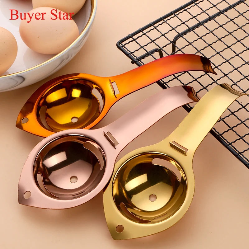 Stainless steel egg separator from Showlu Fashion Store with handle, used for separating egg yolks and whites in baking and cooking.