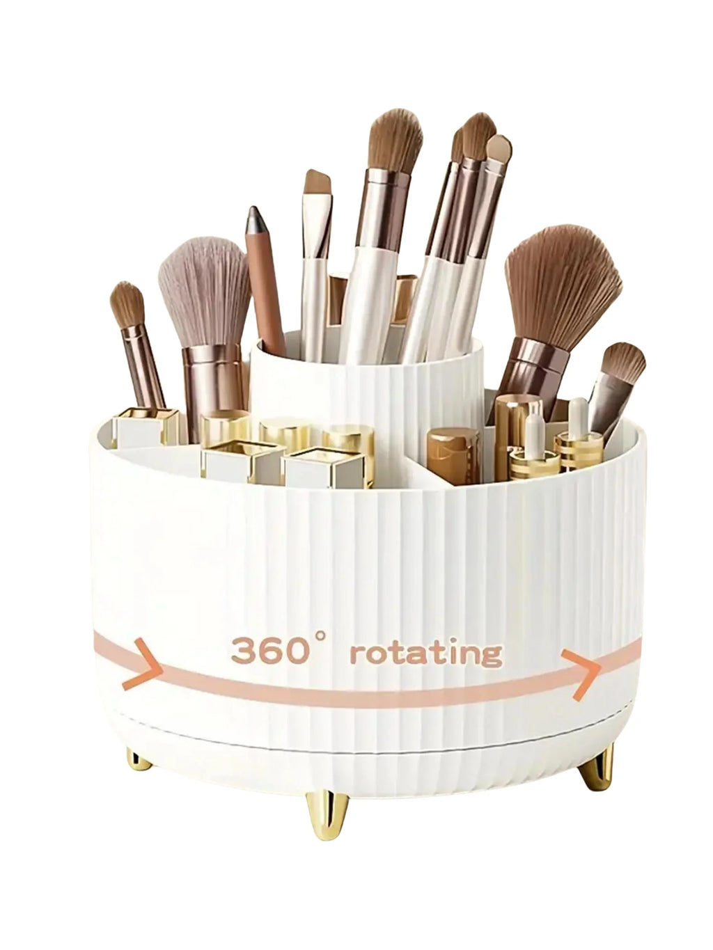 Aberzey 360° rotating makeup organizer with five compartments for cosmetics and beauty tools, clear plastic storage container.