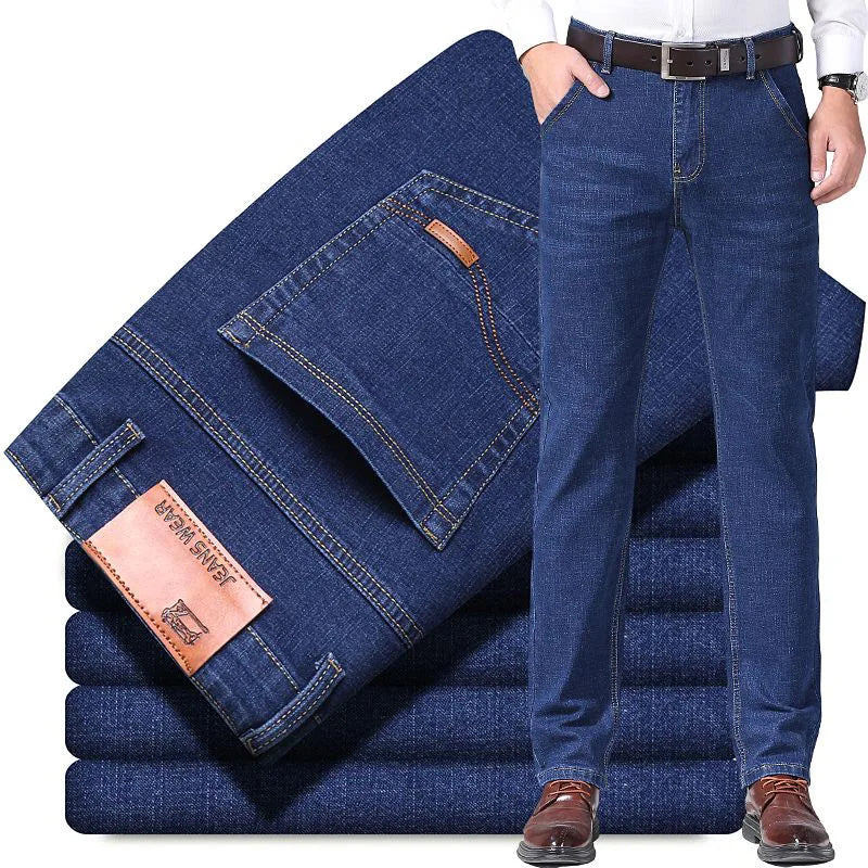 Men's 2024 stretch loose straight denim jeans by Showlu Fashion, casual slim fit, elastic waist, large size 38-40, versatile business trousers