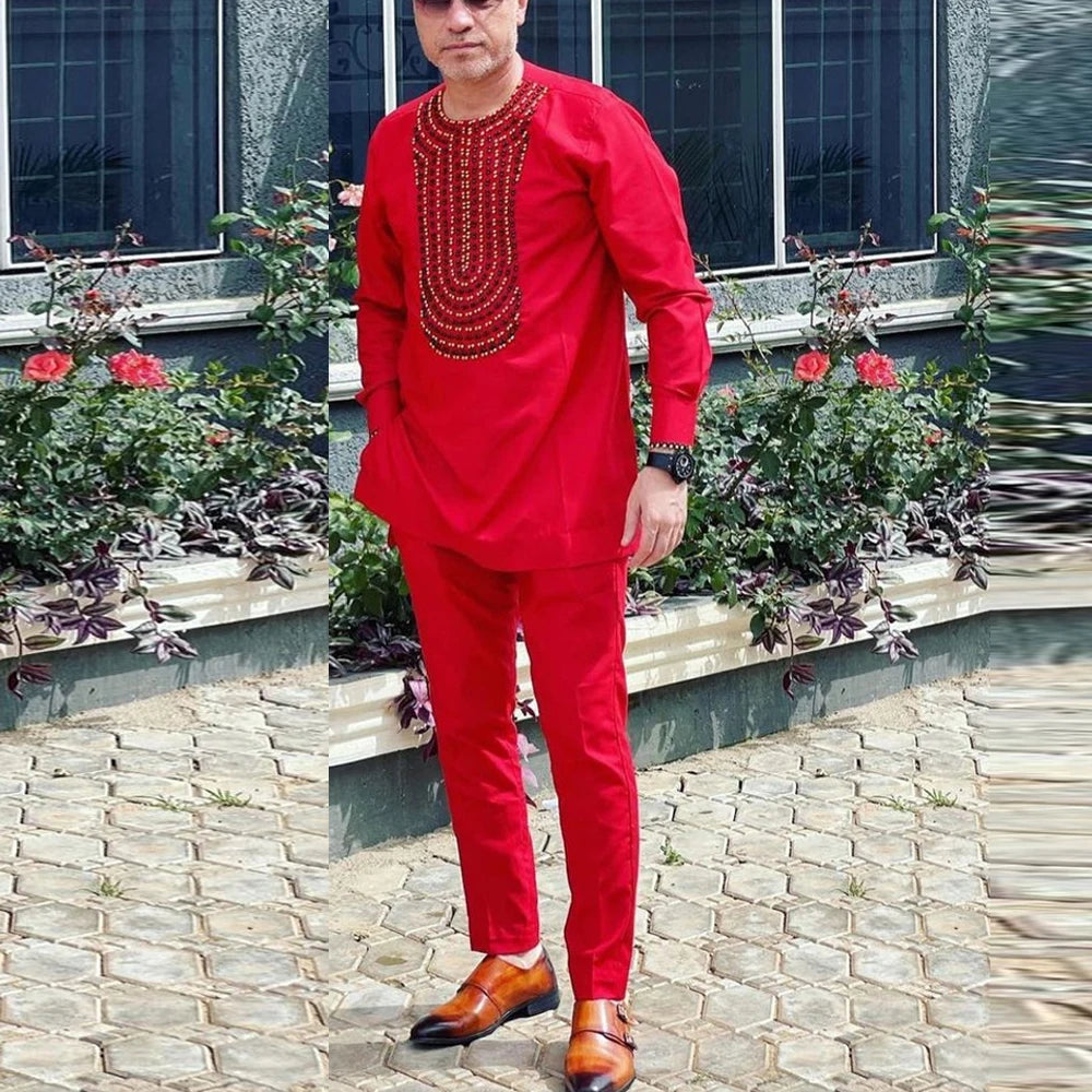 White men's Kaunda suit by Showlu Fashion Store, traditional African 2-piece cotton suit with intricate embroidery details.