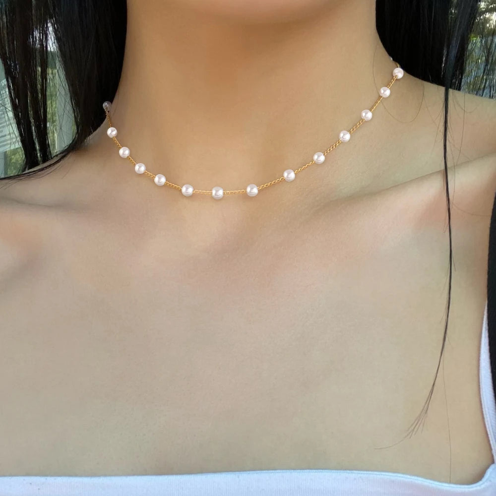 Simple pearl stainless steel necklace for women featuring a choker style, handmade strand bead chain jewelry by Showlu Fashion.