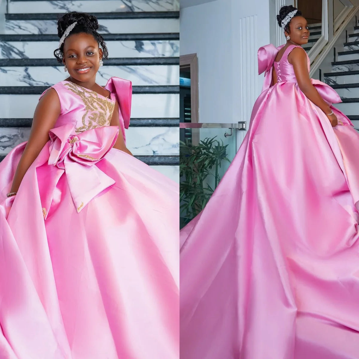 Pink satin ball gown for flower girl with beaded floral details, custom luxury design by 1170uf-he.