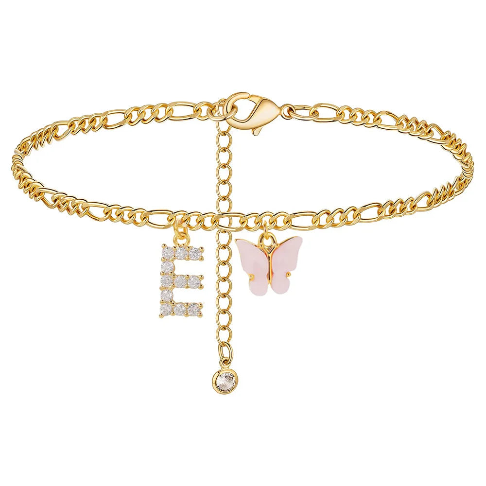 Stainless steel initial A-Z letter anklet with butterfly design for women and girls, waterproof jewelry gift for parties and special occasions.