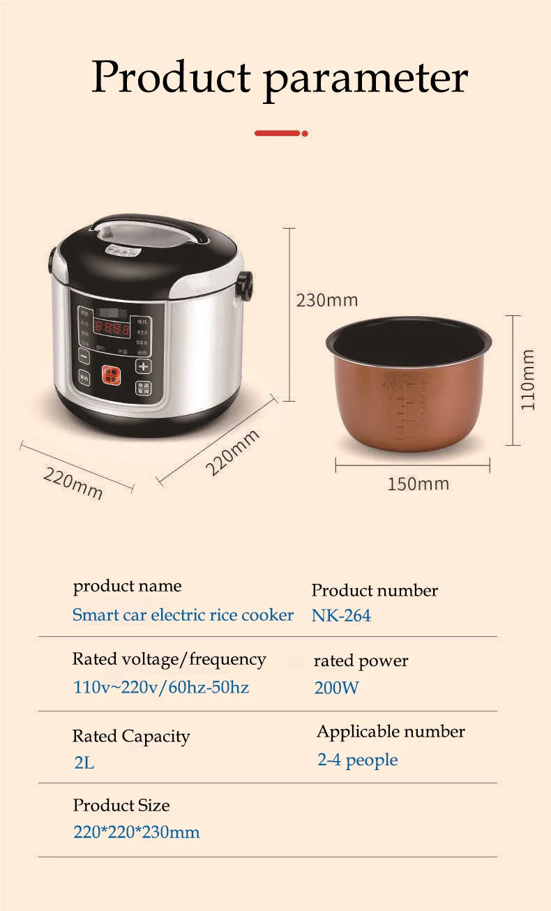 Showlu Smart General mini electric rice cooker with 2L capacity and 200W power, shown in a clean, modern kitchen setting.