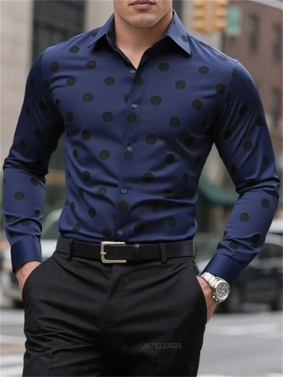 Men's long sleeve casual shirt with spotted pattern, lapel collar, button front, breathable fabric, suitable for outdoor and fashion wear