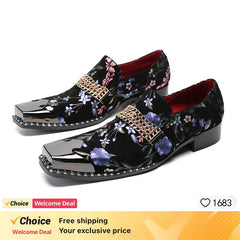 Italian Style Gentleman Dress Shoes black Metal Pointed Toe Men Snake Grain Genuine Leather Shoes Business, Party Shoes Men Flat