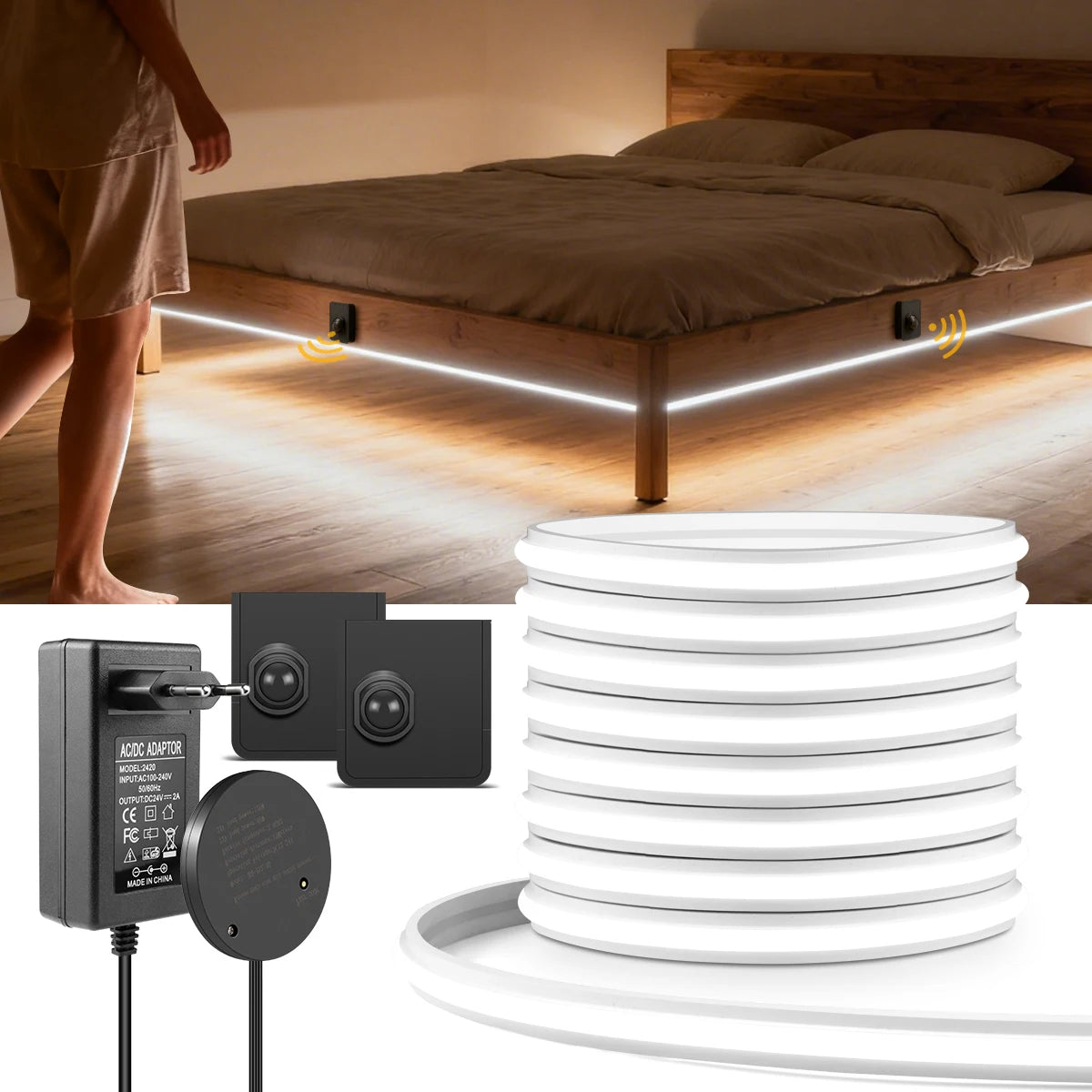 Showlu Smart COB Motion Sensor LED strip light kit showing flexible LED strip with motion sensor for easy home lighting.