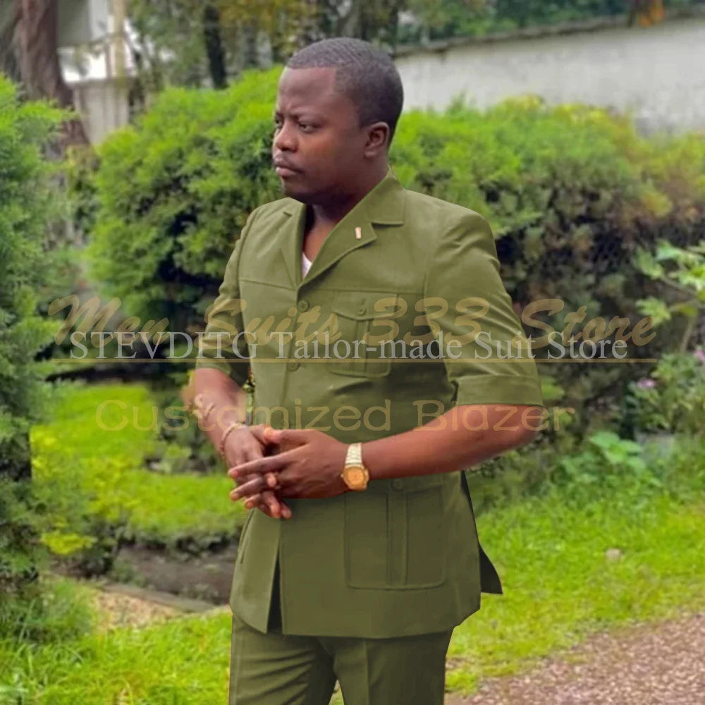 Safari men's suit set with short sleeves, single-breasted jacket and pants in African fashion style, shown in black and beige colors.