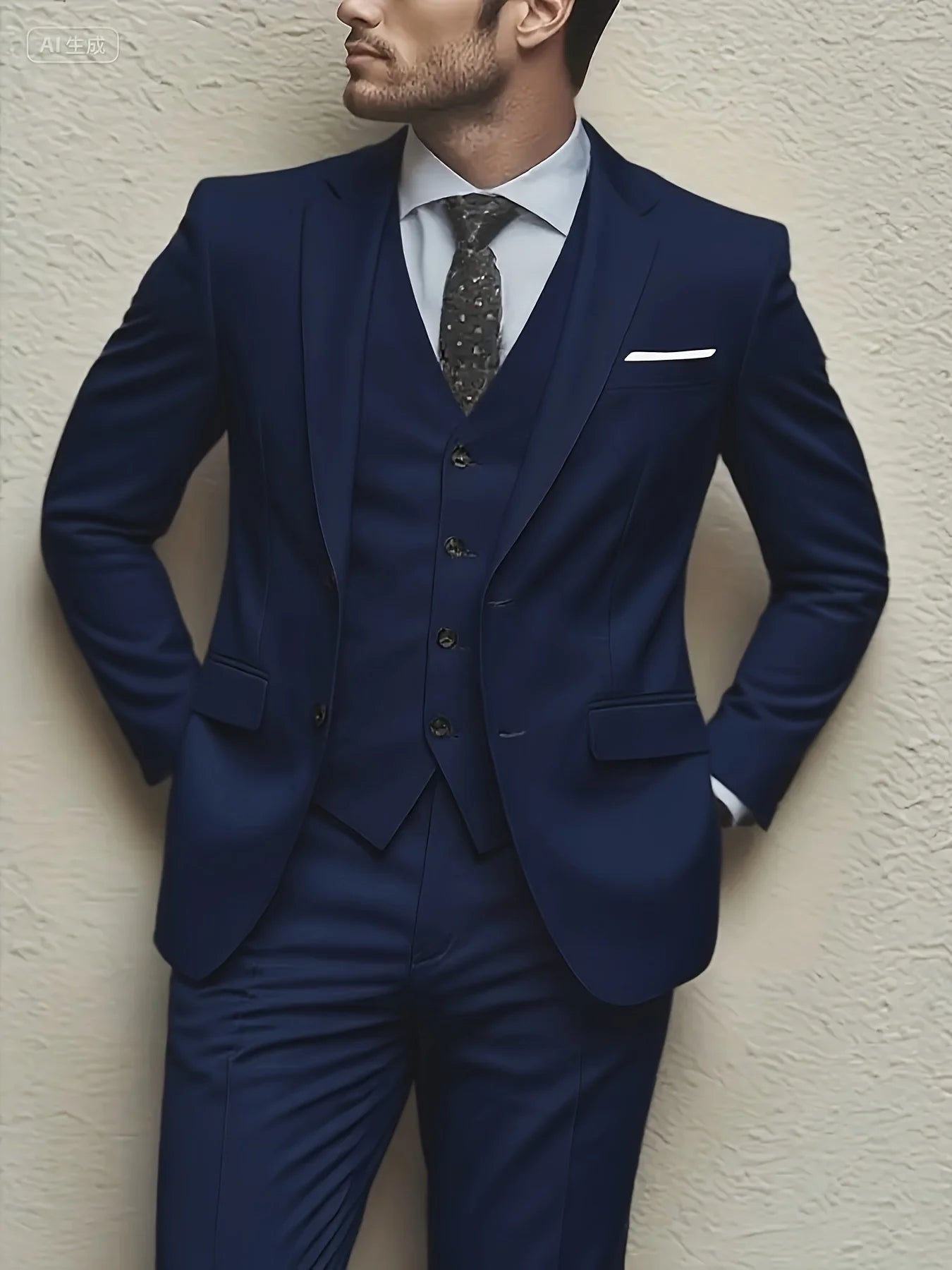 Men's 3-piece suit set including jacket, vest, and pants, stylish high-quality formal wear for weddings and parties