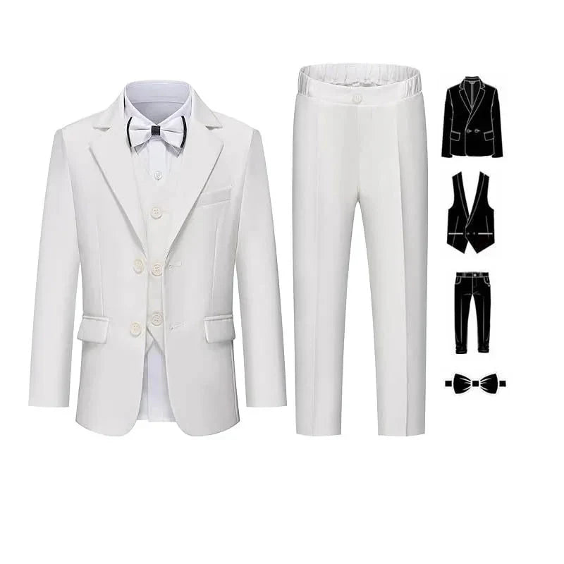 Pink boys' formal suit by LUOBOBEIBEICN, includes jacket, vest, pants, and bowtie, perfect for special occasions.