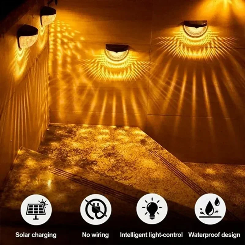 10-pack LED solar outdoor wall lamps by Showlu, waterproof garden fence lights for outdoor decoration and festive lighting.