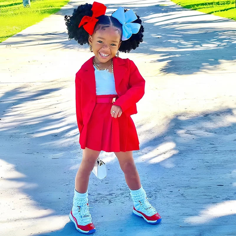 Girls autumn 2-piece long sleeve jacket and miniskirt suit by Showlu Fashion Store, stylish and comfortable for cooler weather.