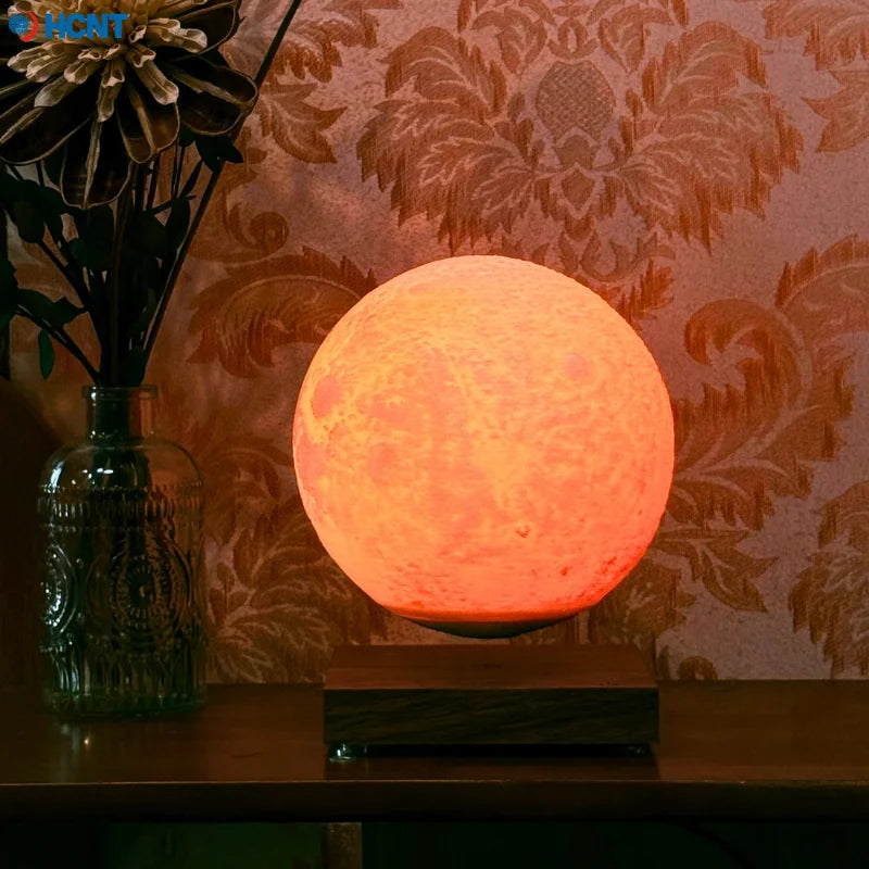 Magnetic levitating Moon Lamp by Showlu Smart General floating with a glowing, realistic moon design in a dark room setting.