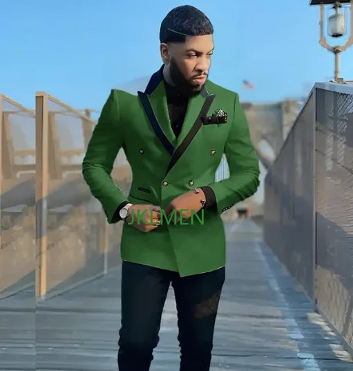 Elegant white double-breasted men's tuxedo suit with slim fit, top lapel, perfect for prom or groom attire, shown in image.