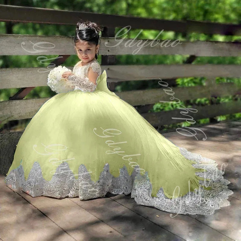 Customized ivory flower girl dress by Showlu Fashion Store with appliques, floor length, perfect for weddings, birthdays, and communions.