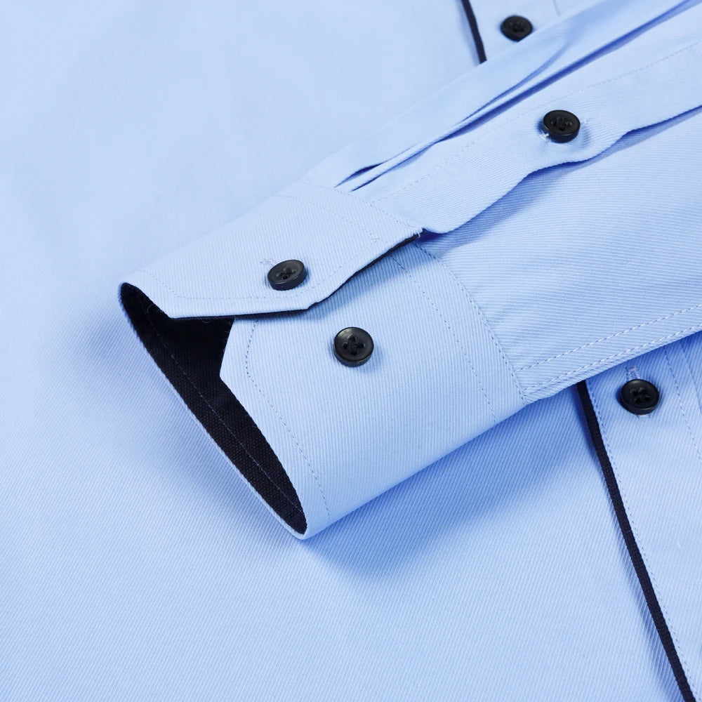Men's classic long sleeve dress shirt with contrast stitching, front placket, semi-formal style, standard fit, suitable for office and business.