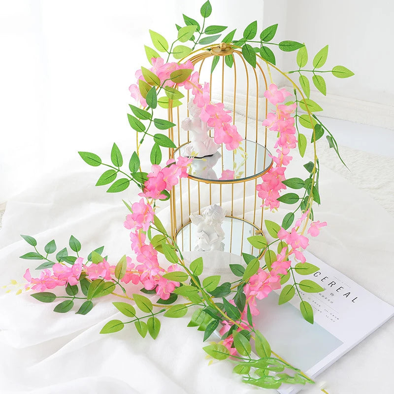 Artificial Wisteria flowers garland by Showlu Fashion Store, 2-meter silk hanging vine for garden, home, and wedding floral decor.
