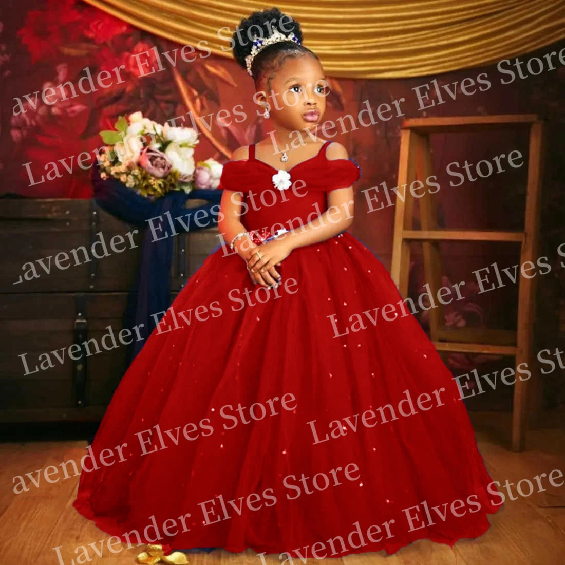 Princess royal blue flower girl dress with custom tulle and floral details, elegant pageant wear for special occasions.
