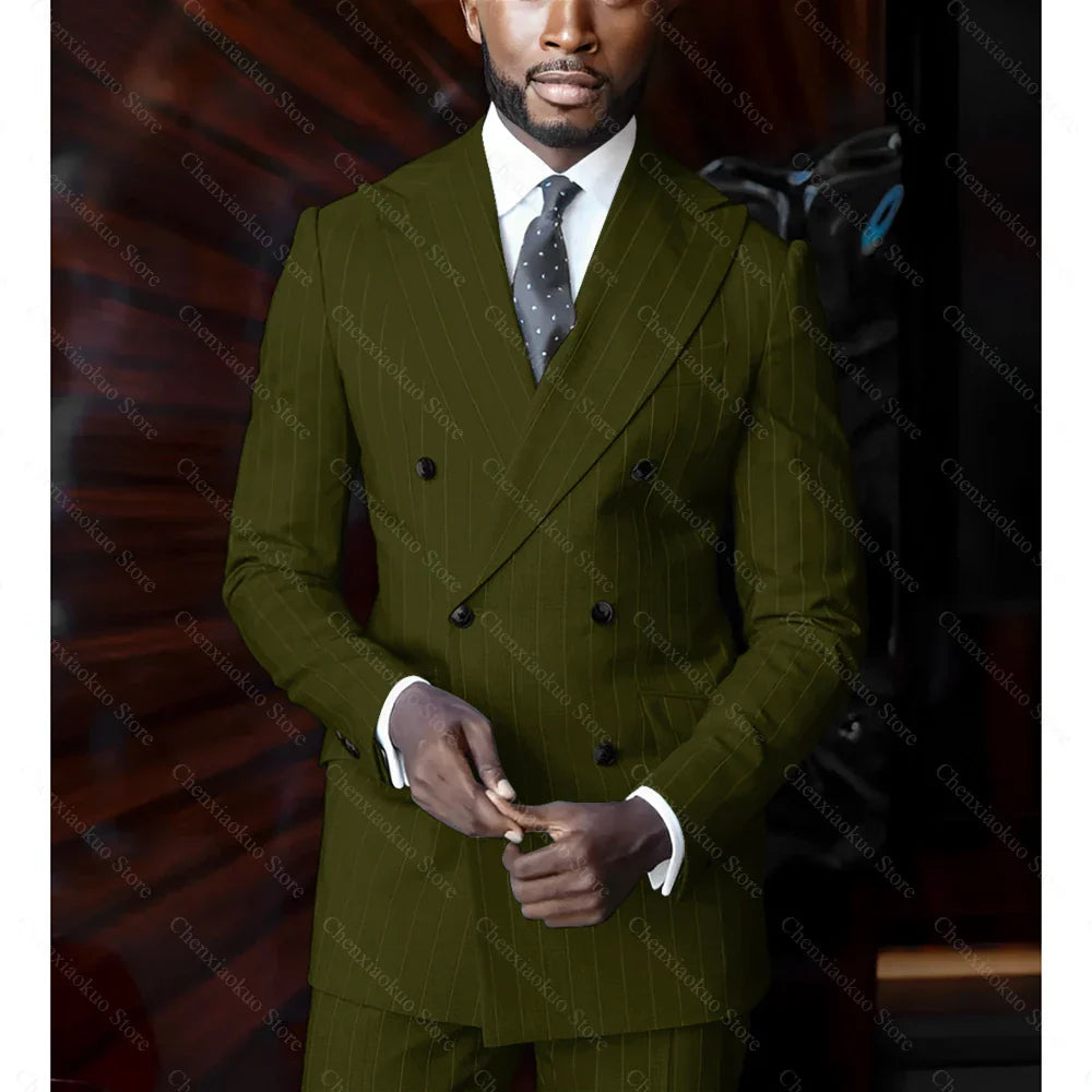 Men's blue pinstripe suit by SHOWLU FASHION STORE, double-breasted slim fit 2-piece suit, tailored for a sharp professional look.