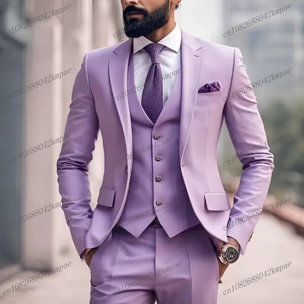 Orange men's formal business suit with blazer, vest, and pants, ideal for weddings, parties, and special occasions.