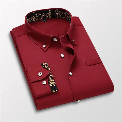Men's white cotton long-sleeve dress shirt, casual and business style, from Showlu Fashion, suitable for social or wedding occasions.