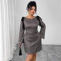 Showlu Fashion plaid long sleeve linen dress with flared silhouette, slim fit, and stylish design, perfect for casual or semi-formal wear.