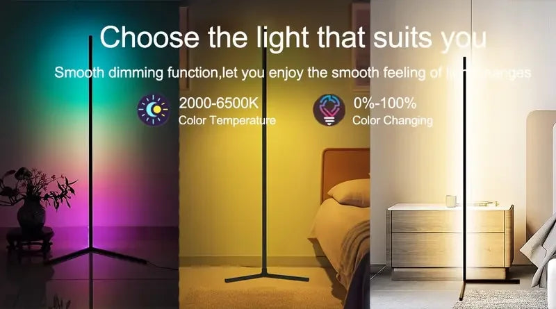 RGB corner floor lamp with music sync from Showlu Smart General, showcasing a modern lamp with colorful LED lighting and sleek design.