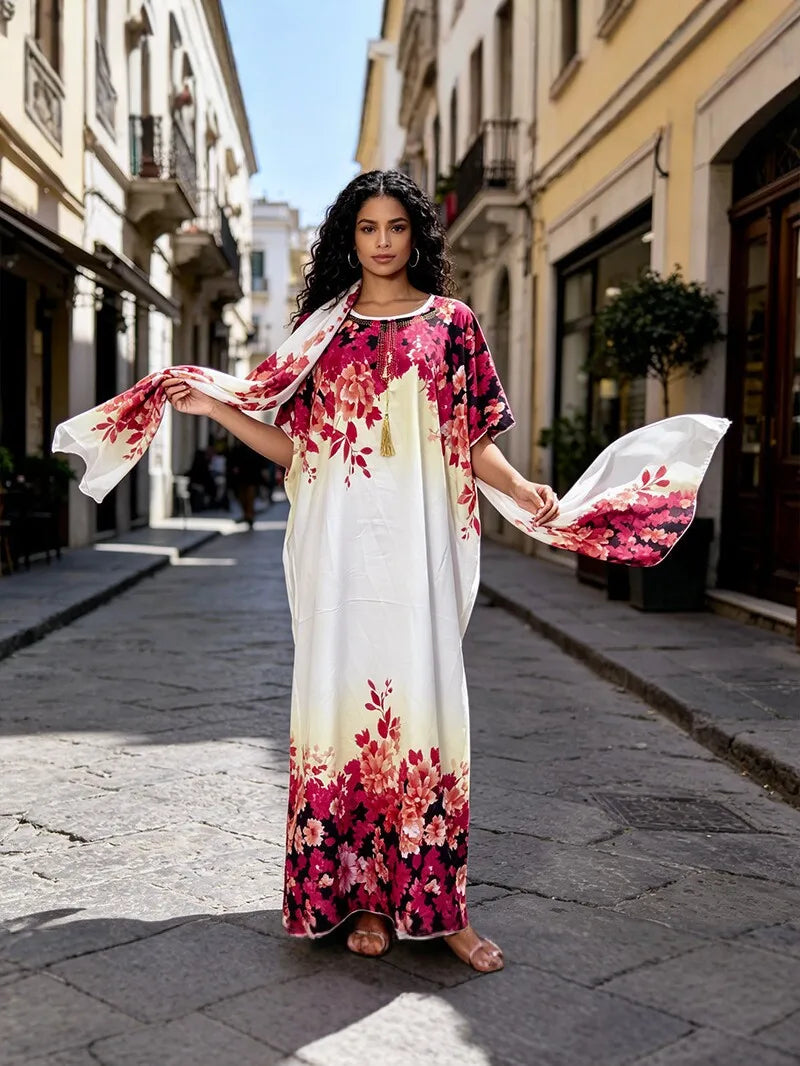 Long African dress for women featuring traditional dashiki and Ankara patterns, with a flowing gown and Muslim-inspired design.