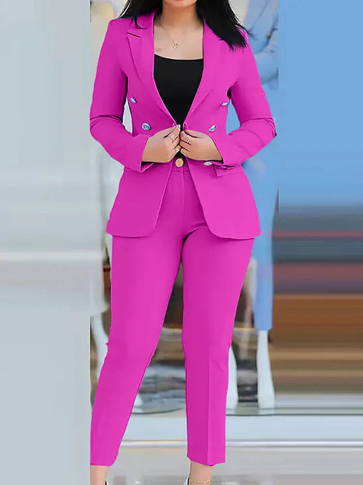 Slim fit women's pant suit with solid cardigan and pencil pants, stylish and comfortable from SHOWLU FASHION STORE.