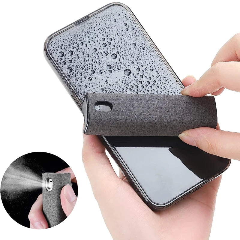Showlu 2-in-1 microfiber screen cleaner spray bottle with cloth for iPhone, Samsung, and tablet screens.
