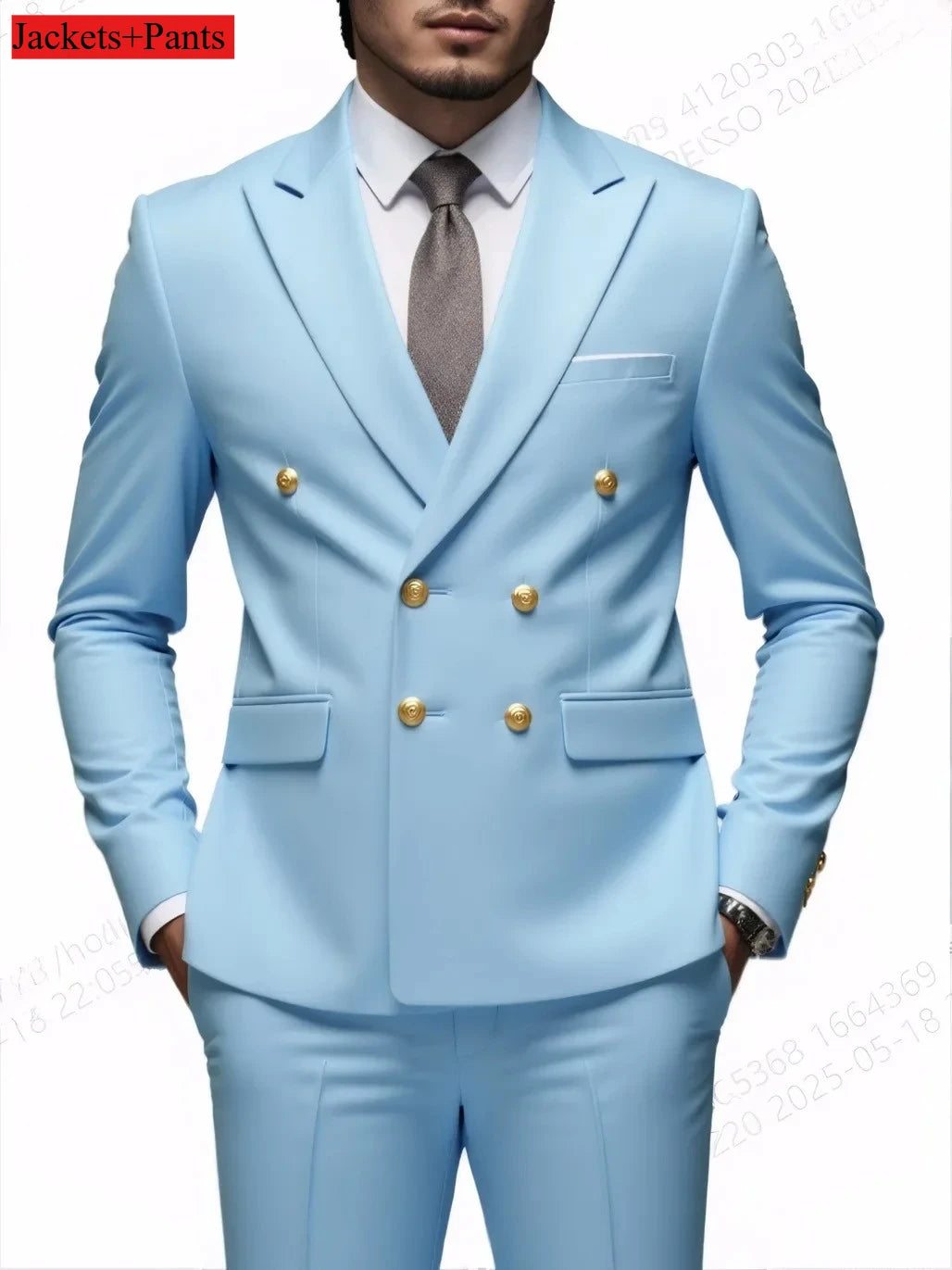 Black men's double-breasted slim fit suit with gold buttons, high-quality wedding and party costume by Showlu Fashion Store.