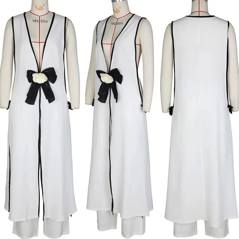 Doyerl Women's V-neck bow tie top and wide-leg pants two-piece set in black, featuring a stylish V-neck and elegant wide-leg design.