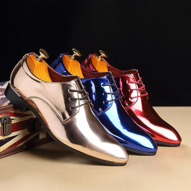 Men's black patent leather Oxford dress shoes with pointed toes, ideal for weddings and formal occasions, by Showlu Fashion Store.