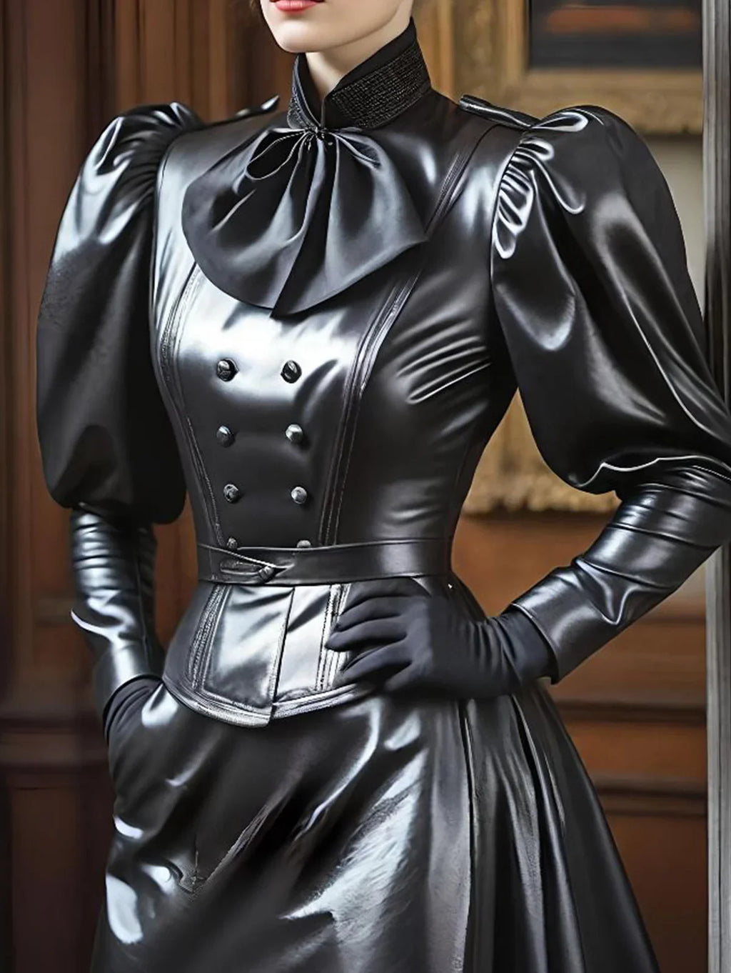 Black PU leather puff sleeve blouse with bow, women's fashion top from SHOWLU FASHION STORE featuring stylish design and feminine details.