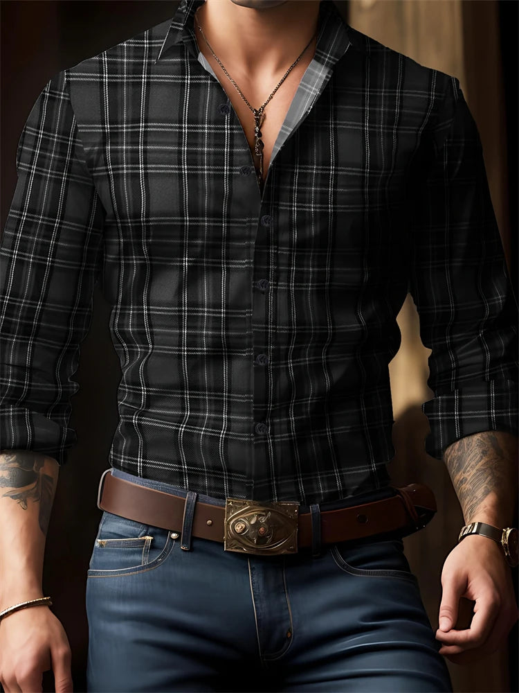 Men's check print long sleeve button down shirt with flip lapel, oversized style, perfect for spring and autumn outdoor streetwear.