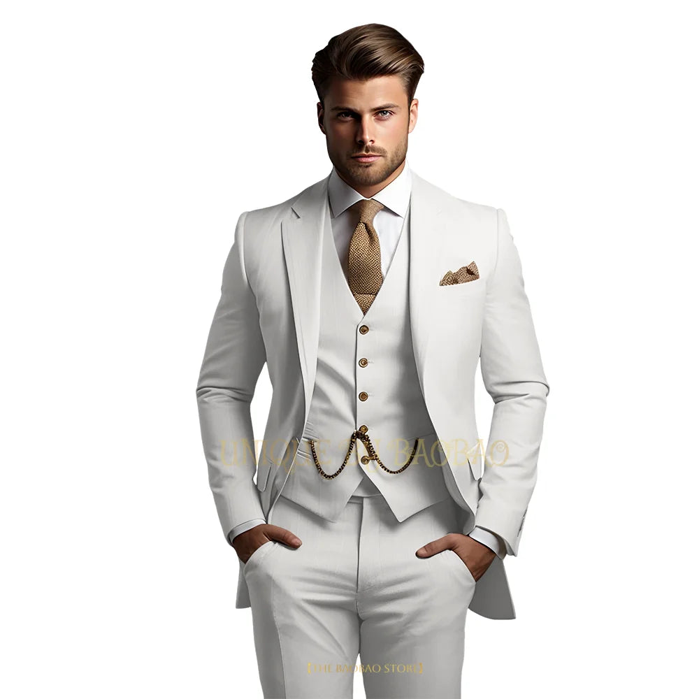 Men's grey 3-piece suit with jacket, vest, and trousers, elegant classic wedding and formal attire by Showlu Fashion Store.