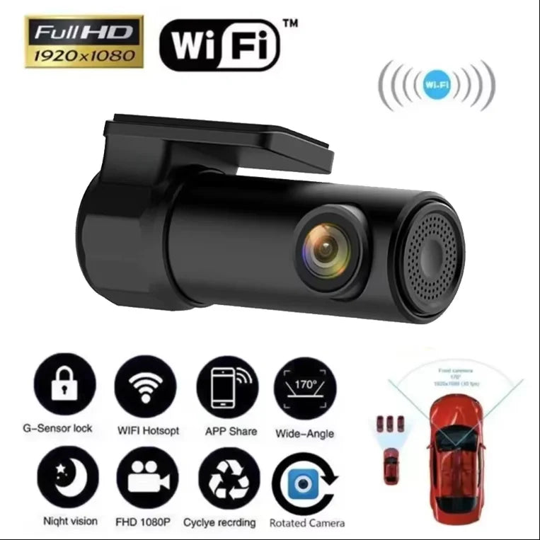 360° rotating dash cam from Showlu Fashion Store showing the camera lens and mounting bracket on a vehicle dashboard.
