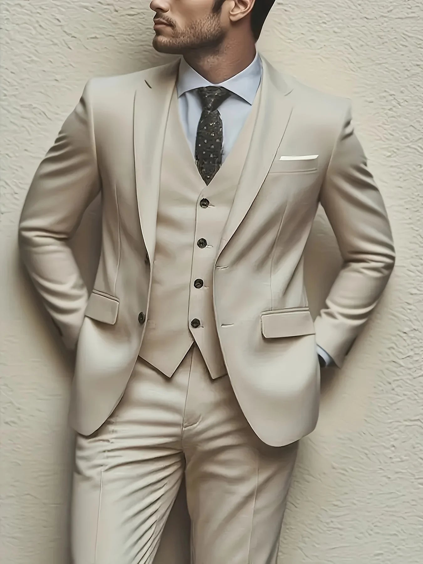 Men's 3-piece suit set by Showlu Fashion, including jacket, vest, and pants, ideal for weddings, parties, and formal events.