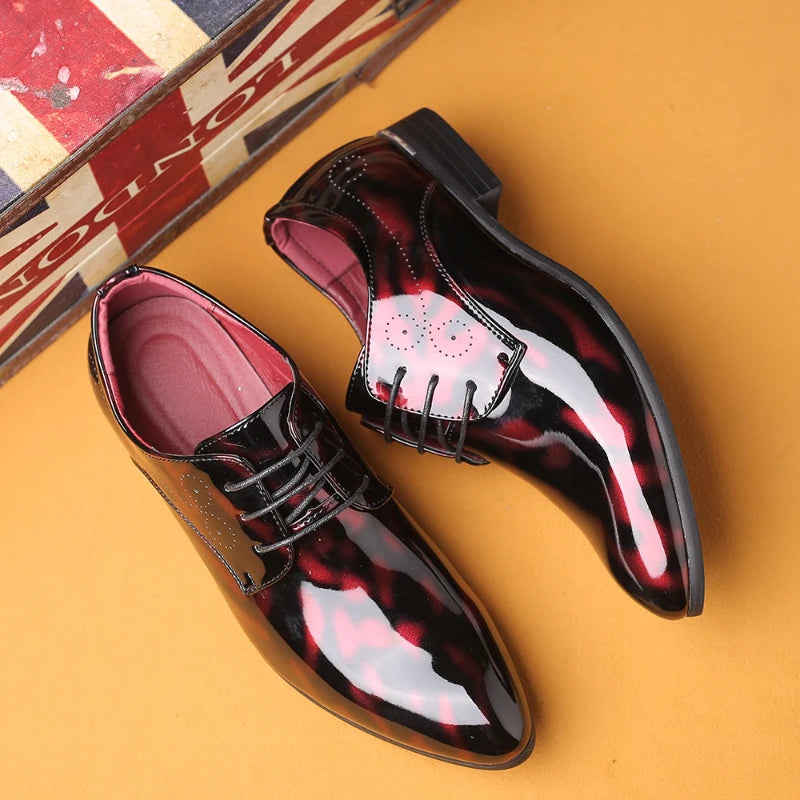Wine red patent leather men's pointed toe oxford shoes with laces, formal wedding and business footwear in large sizes.