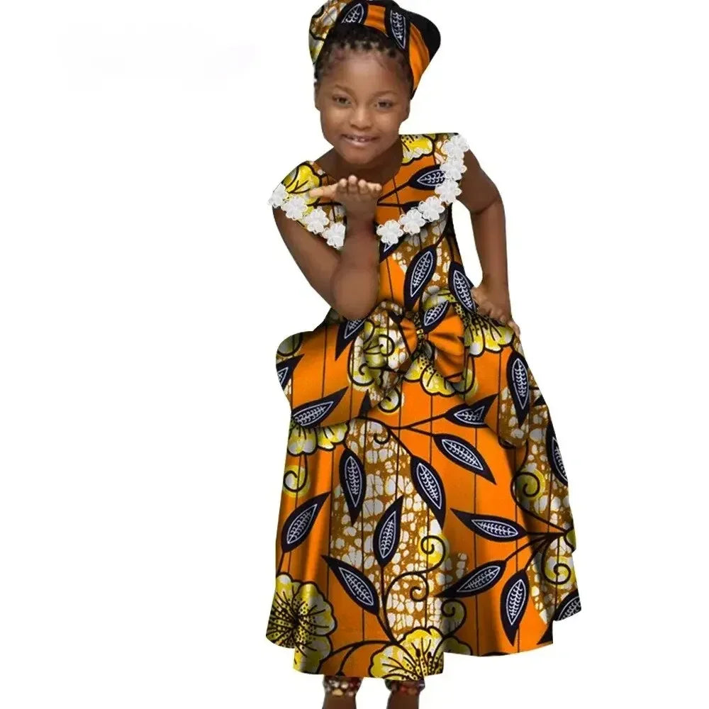 Wingfei Girls African Ankara print dress with cotton Kente pleated skirt, colorful and vibrant traditional style for children