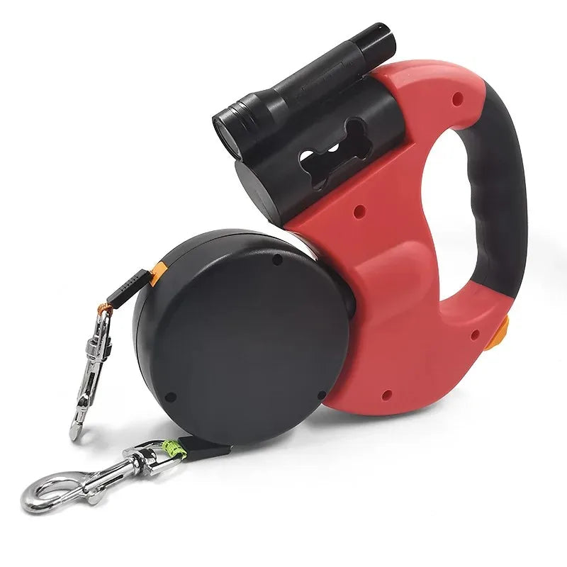 Showlu 3m retractable double dog leash with reflective surface, tangle-free design, suitable for walking two dogs simultaneously.