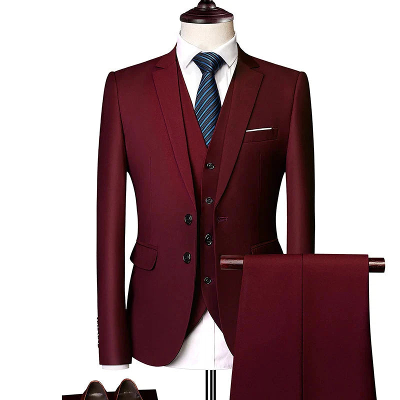 SHOWLU Men's pink three-piece wedding suit with slim fit, business casual style, featuring jacket, vest, and trousers.