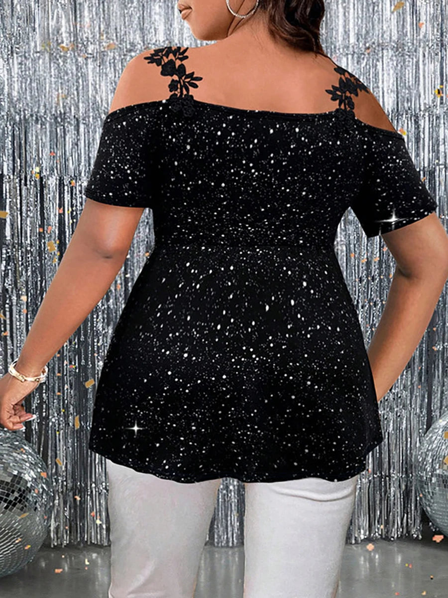Showlu Women's plus size cold shoulder lace peplum V-neck T-shirt, stylish and comfortable top with lace accents and flowy peplum design.