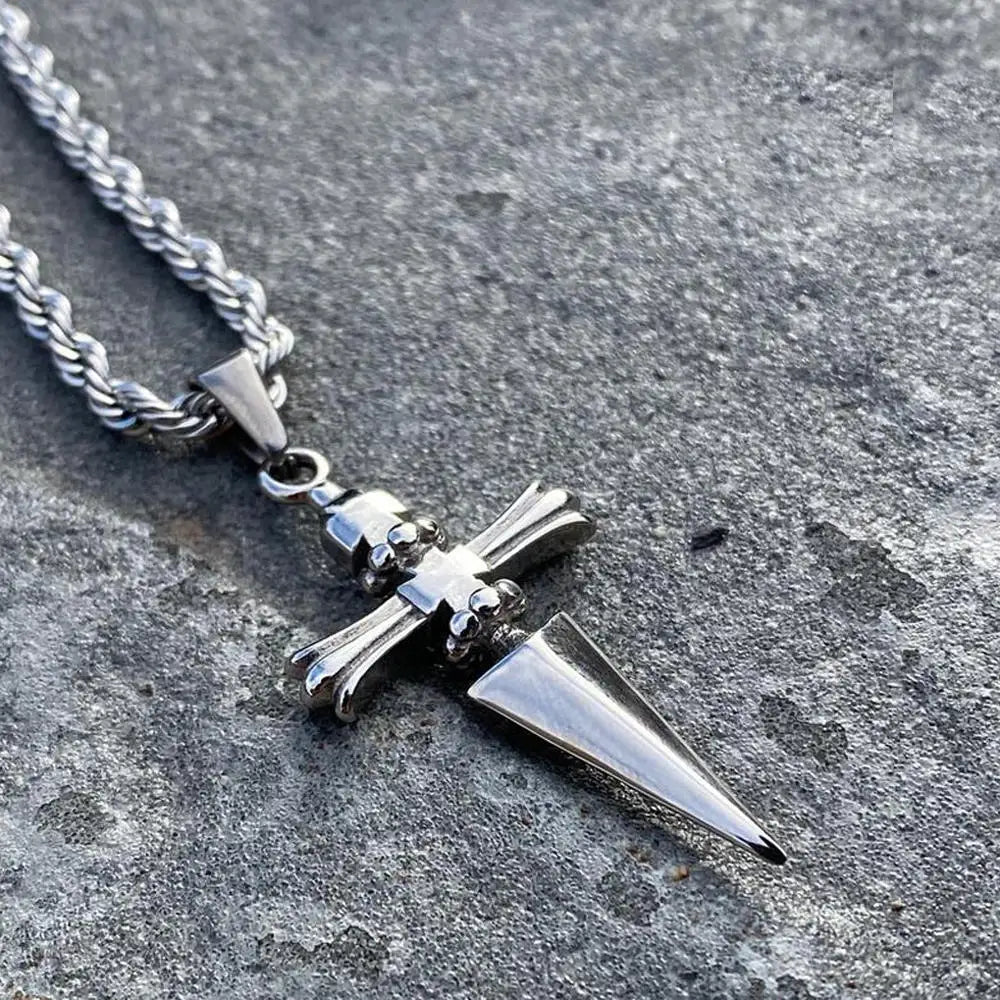 Stainless steel sword cross pendant necklace on twist link chain, unisex hip hop punk jewelry for women and men.