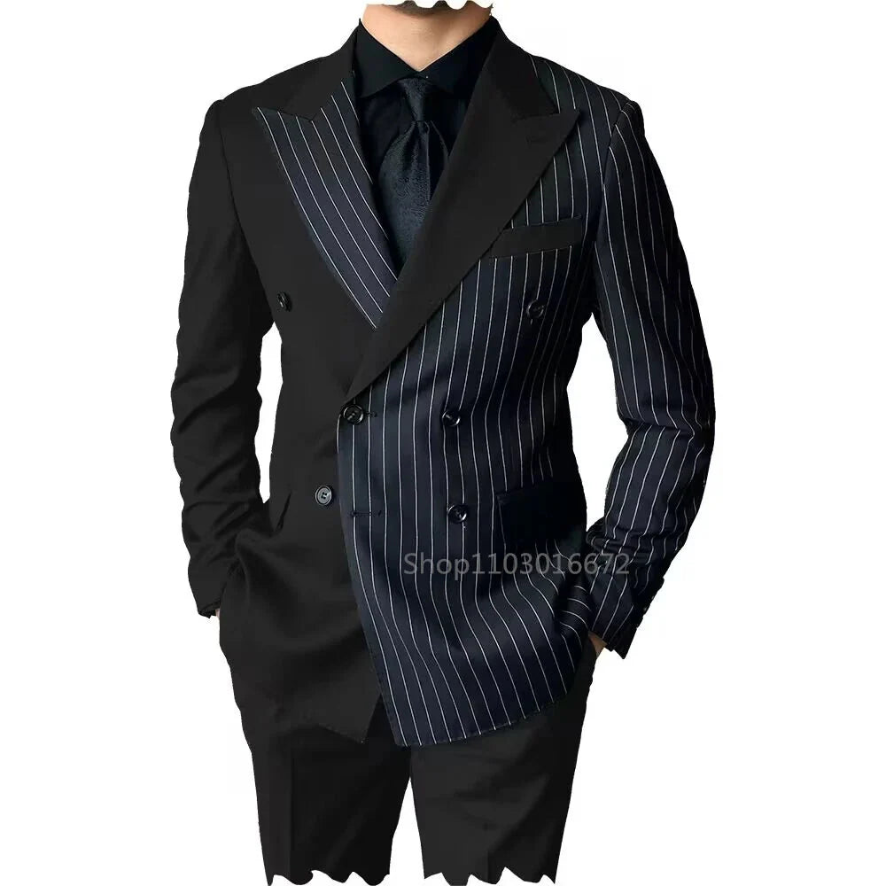 SHOWLU Men's slim fit double-breasted wool blend tuxedo suit, featuring a tailored jacket and matching trousers.