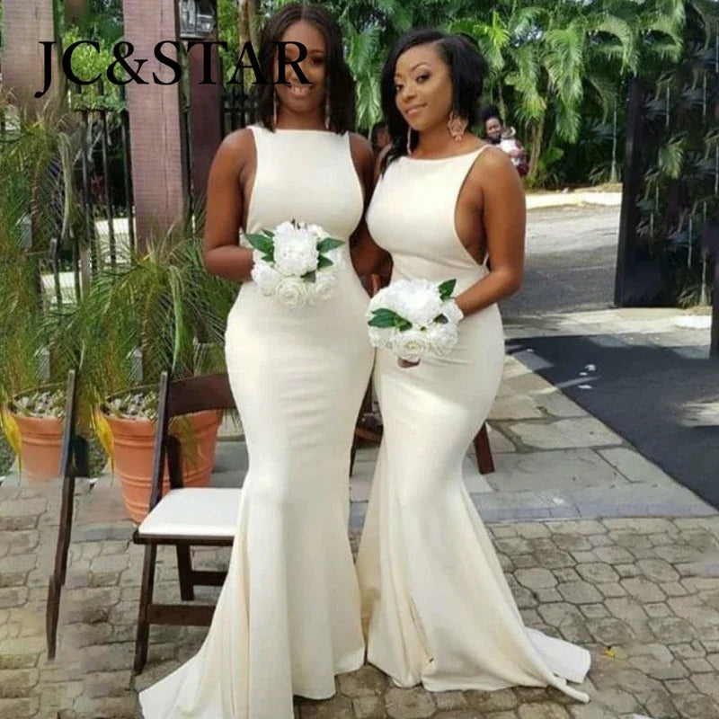 Turquoise satin mermaid bridesmaid dress with sexy backless design by JC&STAR, featuring a fitted silhouette and elegant flowing fabric.