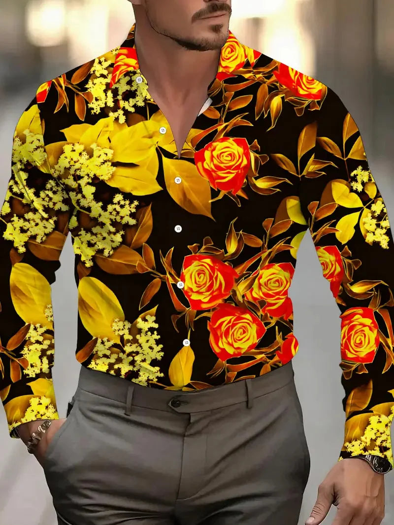 Men's long sleeve shirt with irregular geometric print, button-up style, from Showlu Fashion, perfect for street fashion.