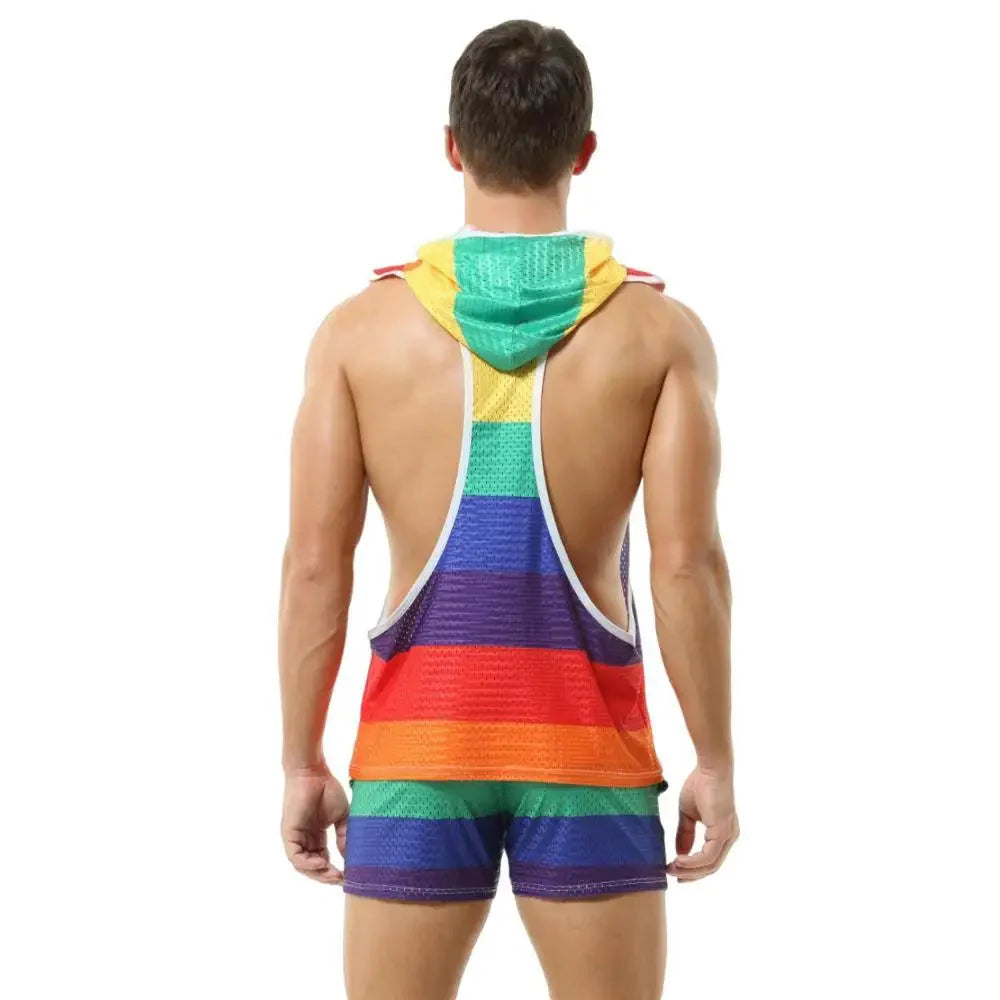 Men's rainbow striped hooded tank top and shorts mesh fitness set by SHOWLU FASHION STORE, casual athletic wear for men