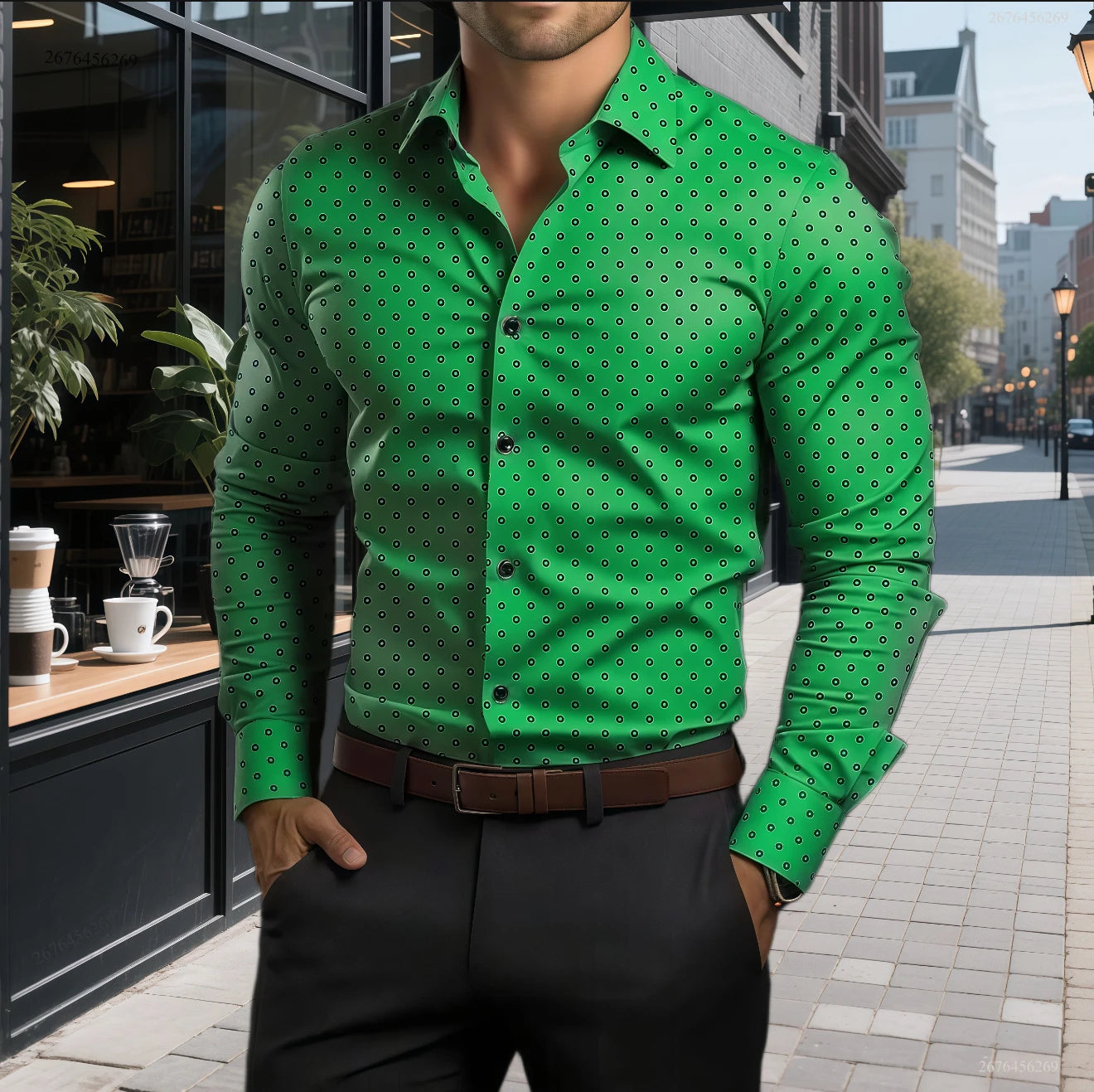 Showlu men's polka dot long sleeve casual shirt, oversized business top with a relaxed fit and button-up design.