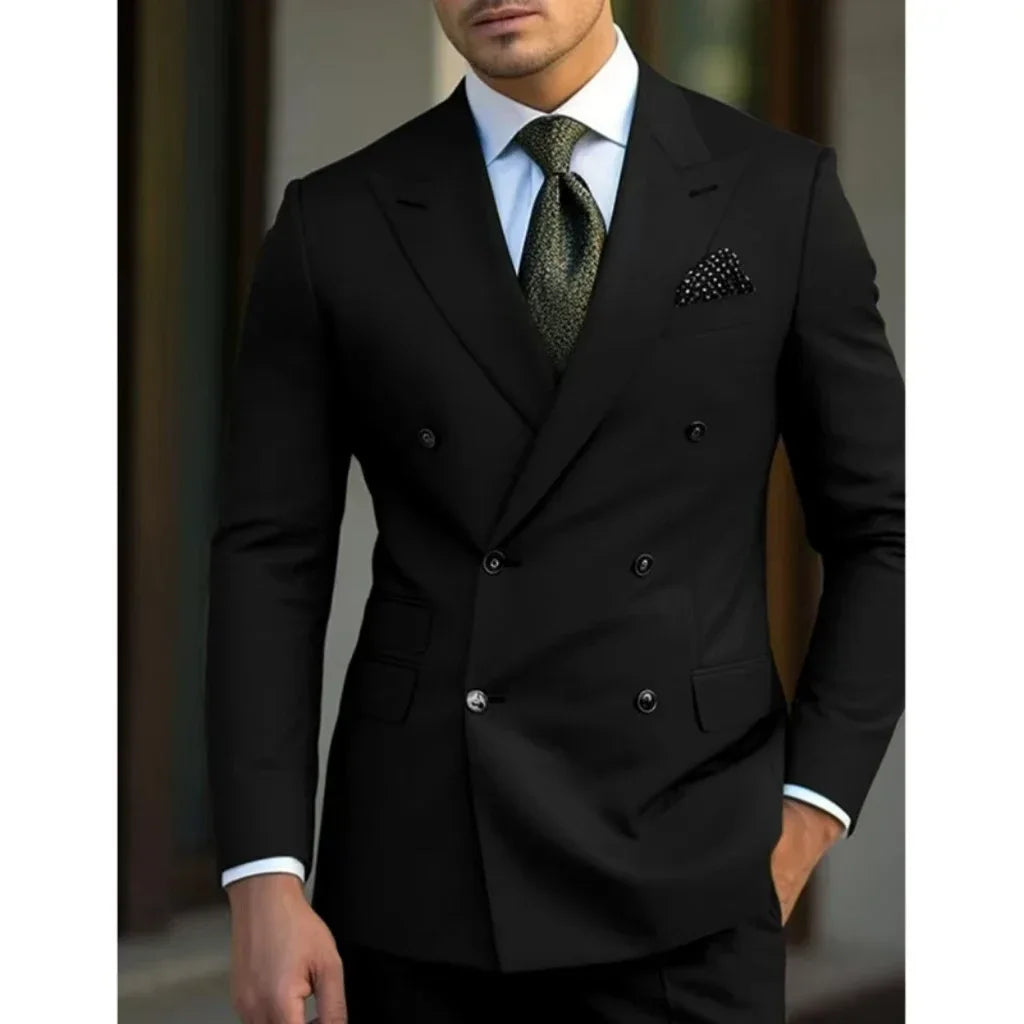 Men's 2-piece summer outfit set with slim jacket, pointed collar, and peak lapel, suitable for weddings and beach events.